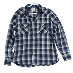 LUCKY BRAND Shirt Mens L‎ Western Plaid Pearl Snap Button Front Barn Blue Y2K